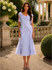 Faux silk V neck midi length mother of the bride dress front view with ruffle sleeves and cascading side ruffles