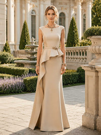 Satin bateau neck floor length mother of the bride dress front view with asymmetric peplum and waist applique