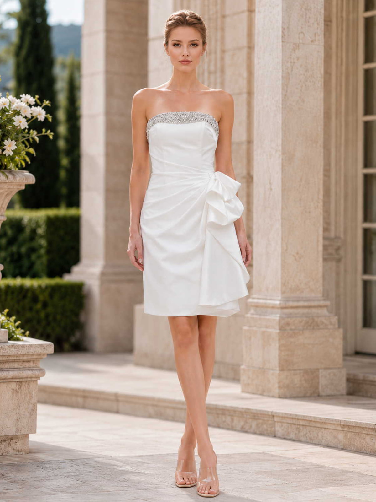 Satin Sheath Strapless Knee Length Evening Dress with Beaded Neckline and Side Ruffle Drape (VET-MOM-0105)