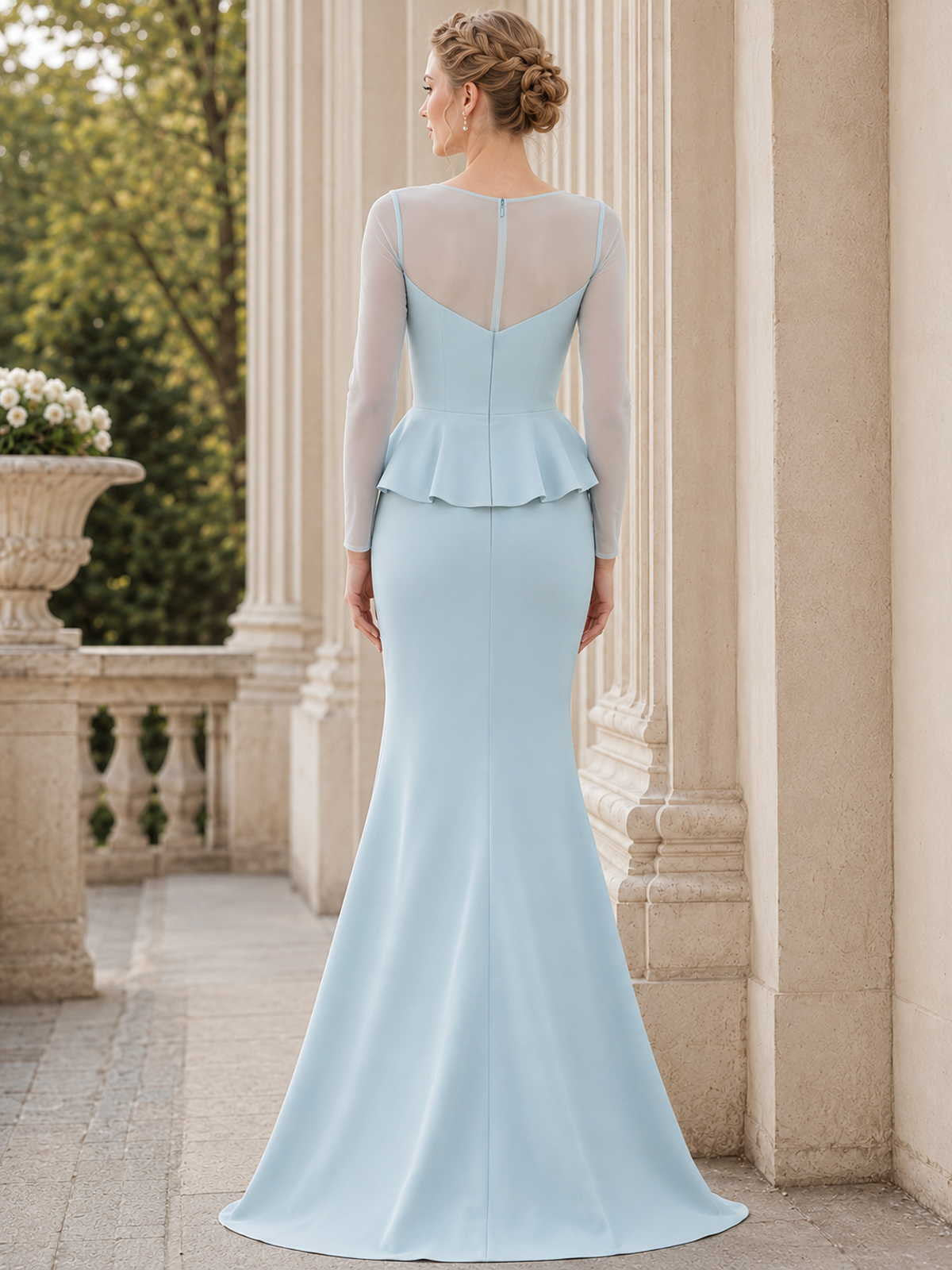 Satin floor length evening dress back view with sheer long sleeves, center zipper and fitted silhouette
