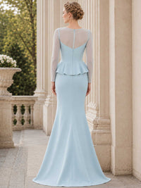 Satin floor length evening dress back view with sheer long sleeves, center zipper and fitted silhouette