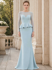 Satin sweetheart floor length mother of the bride dress front view with illusion sleeves and peplum waist