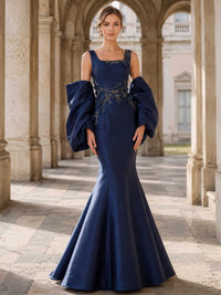 Satin mermaid square neck mother of the bride dress front view with floral applique waist detail and statement sleeves
