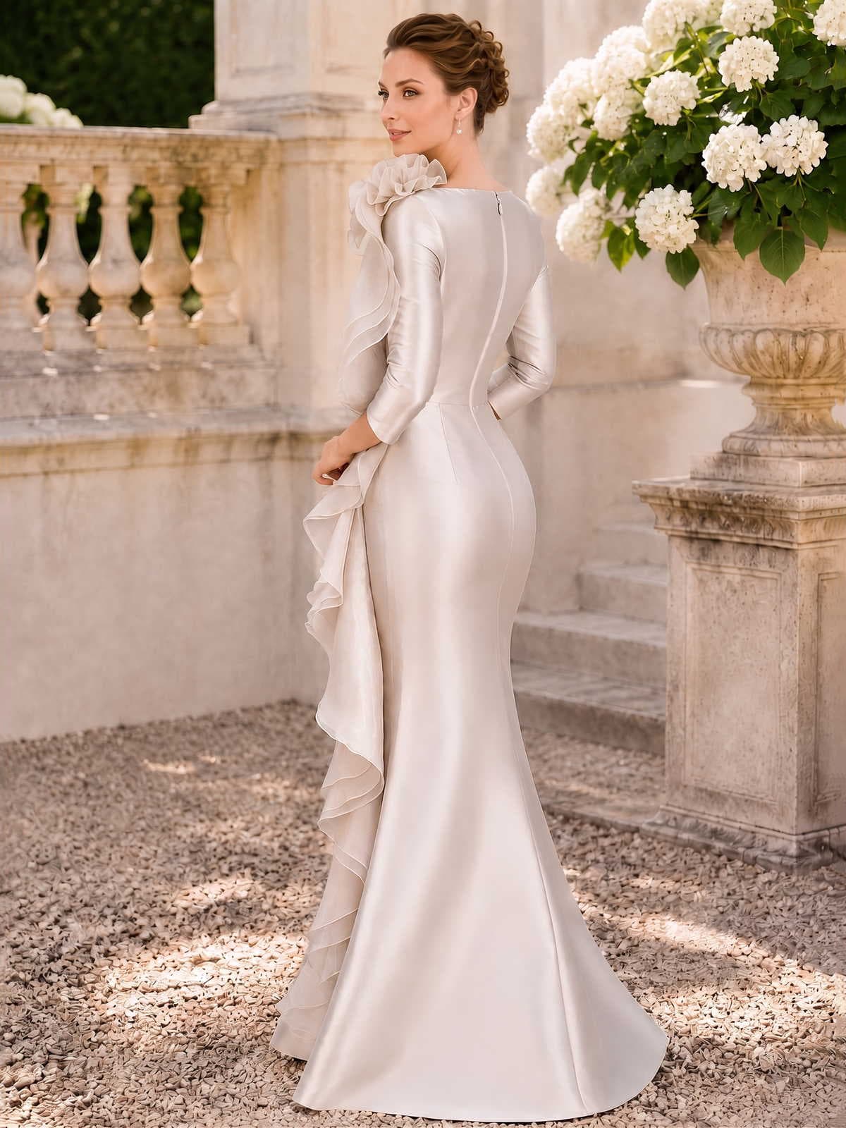 Satin sheath evening dress back view with concealed zipper, fitted silhouette and layered ruffle overlay detail