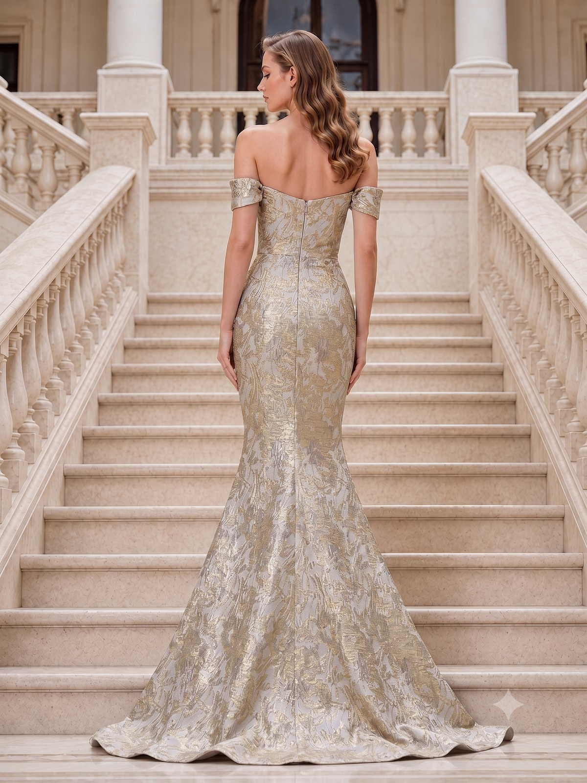 Jacquard satin mermaid evening dress back view with off shoulder neckline, fitted silhouette and sweep train