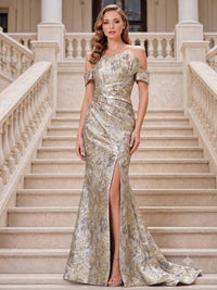 Jacquard satin mermaid off shoulder floor length mother of the bride dress front view with front slit and sweep train