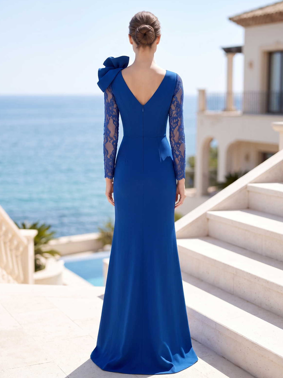 Satin mermaid evening dress back view with lace long sleeves, V-back, and concealed zipper detail