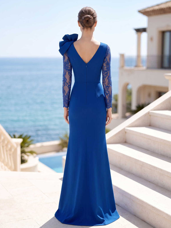 Satin mermaid evening dress back view with lace long sleeves, V-back, and concealed zipper detail