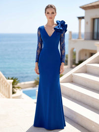 Satin mermaid V-neck mother of the bride dress front view with lace sleeves and 3D shoulder flower