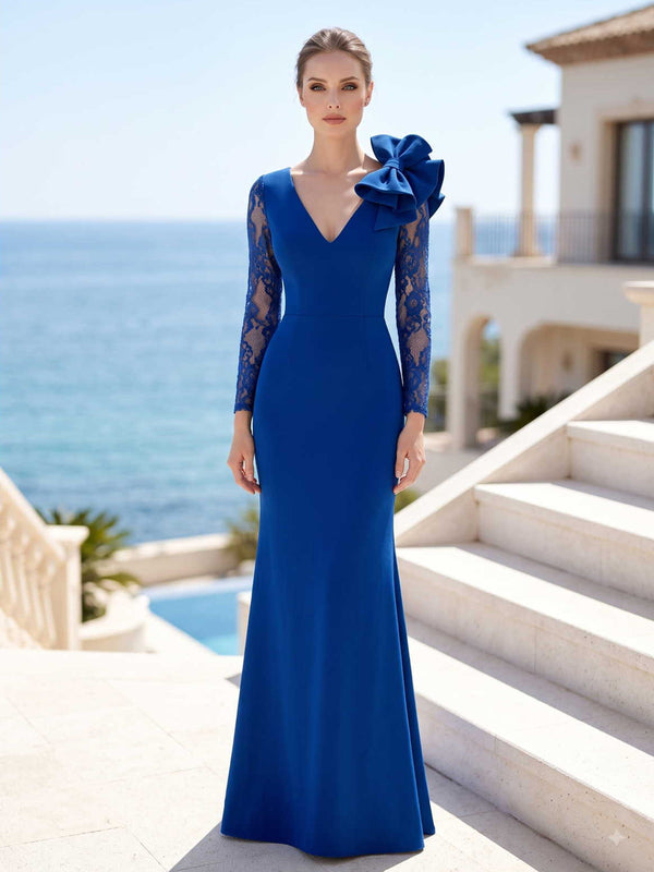 Satin mermaid V-neck mother of the bride dress front view with lace sleeves and 3D shoulder flower