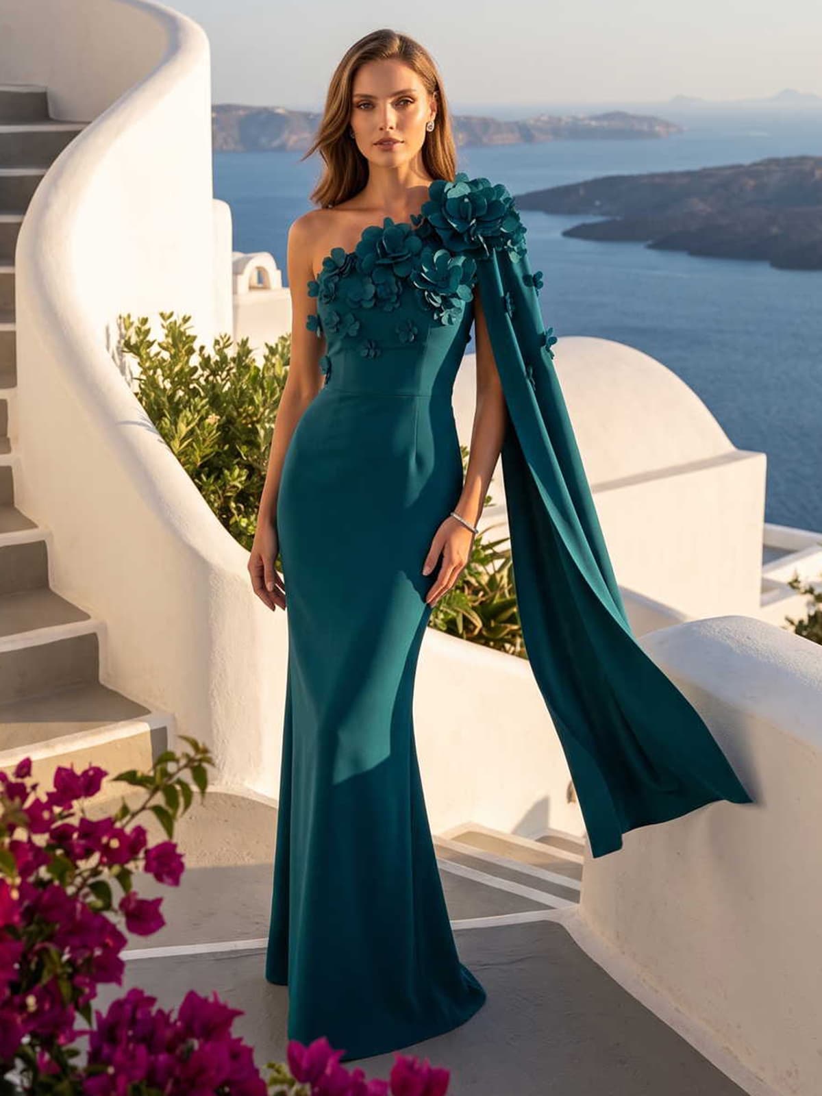 Satin one-shoulder mermaid mother of the bride dress front view with 3D floral shoulder detail and flowing cape panel