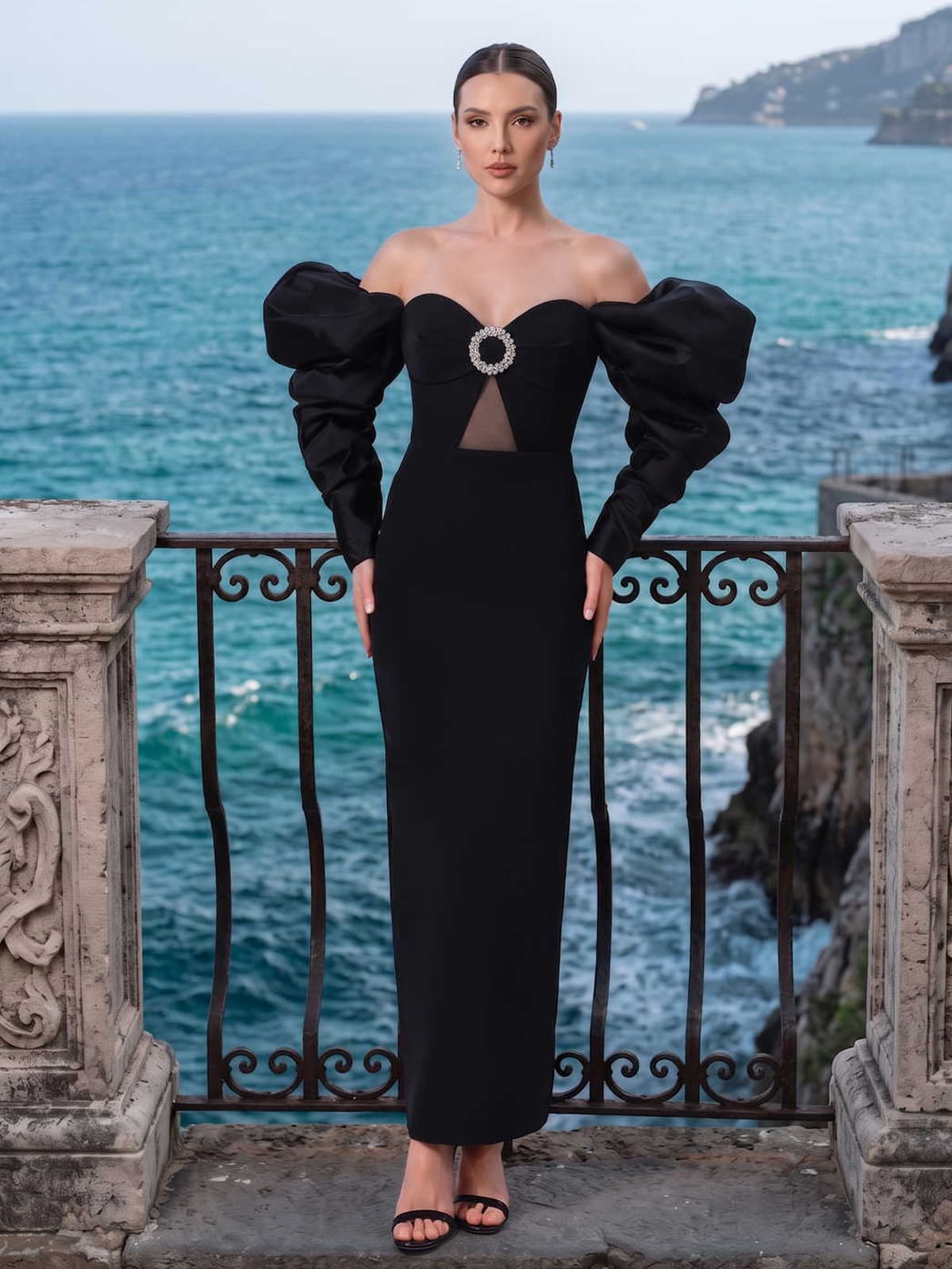 Black satin off shoulder mother of the bride dress front view with puff long sleeves and brooch cutout detail