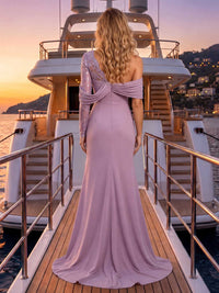 Dusty mauve chiffon mother of the bride dress back view with draped off shoulder detail, single lace sleeve, and concealed zipper