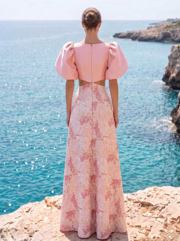 Floral jacquard satin mother of the bride dress back view with puff sleeves, side waist cutouts, and concealed zipper