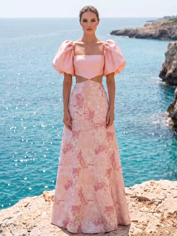 Floral jacquard satin mother of the bride dress front view with square neckline, puff sleeves, and floor length A-line skirt