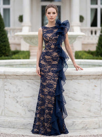 Floral lace mother of the bride dress front view with illusion neckline, sleeveless design, organza ruffle detail, and floor length mermaid silhouette