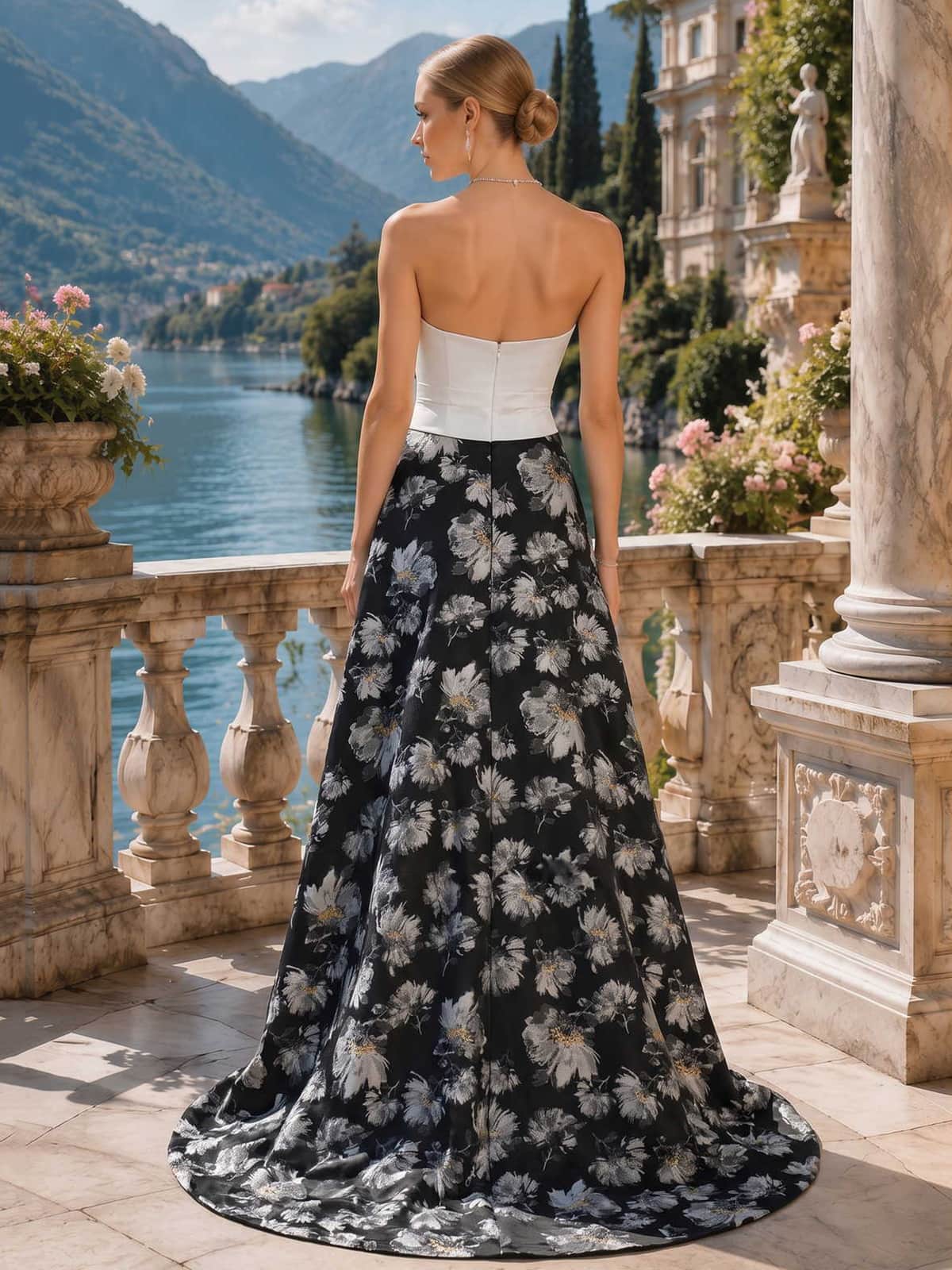 As pic color floral jacquard mother of the bride dress back view with strapless satin bodice, floral jacquard skirt, floor length A-line silhouette, and concealed zipper