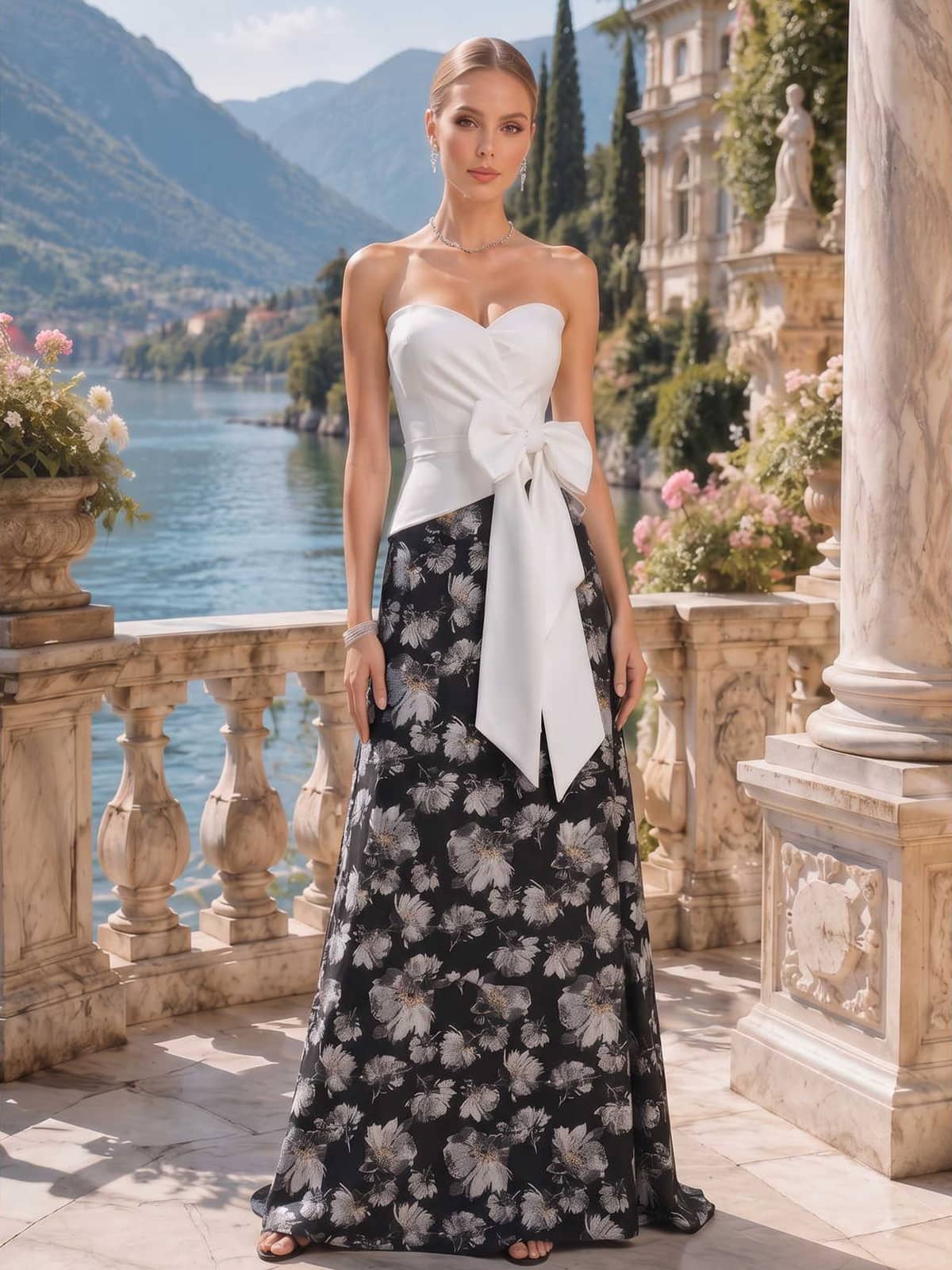 As pic color floral jacquard mother of the bride dress front view with sweetheart neckline, satin bodice, side bow detail, and floor length A-line silhouette