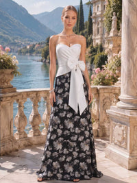 As pic color floral jacquard mother of the bride dress front view with sweetheart neckline, satin bodice, side bow detail, and floor length A-line silhouette