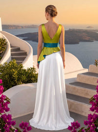 Satin mother of the bride dress back view with deep V-back, contrast waistband, asymmetrical peplum detail, concealed zipper, and floor length A-line skirt