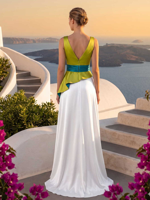 Satin mother of the bride dress back view with deep V-back, contrast waistband, asymmetrical peplum detail, concealed zipper, and floor length A-line skirt