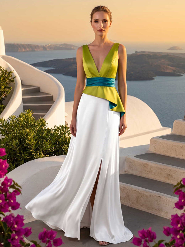 Satin mother of the bride dress front view with colorblock V-neck bodice, contrast waistband, draped peplum waist, front slit, and floor length A-line skirt