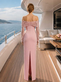 Satin mother of the bride dress back view with off-shoulder lace sleeves, concealed back zipper, fitted silhouette, back slit, and floor length skirt