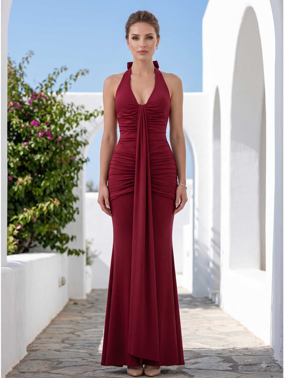 Burgundy silk-like satin mother of the bride dress front view with halter V-neckline, ruched fitted bodice, draped front panel, and floor length skirt