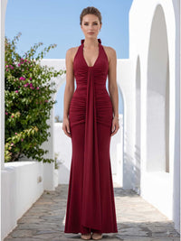 Burgundy silk-like satin mother of the bride dress front view with halter V-neckline, ruched fitted bodice, draped front panel, and floor length skirt