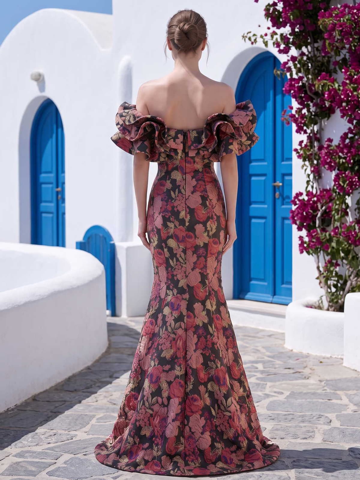 Floral jacquard satin mother of the bride dress back view with off-shoulder ruffle neckline, concealed back zipper, fitted mermaid silhouette, and floor length skirt