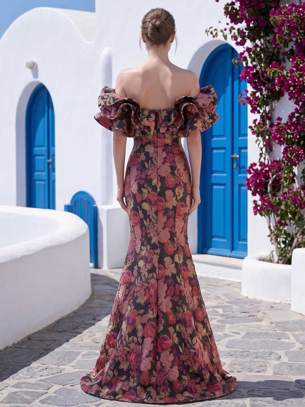 Floral jacquard satin mother of the bride dress back view with off-shoulder ruffle neckline, concealed back zipper, fitted mermaid silhouette, and floor length skirt