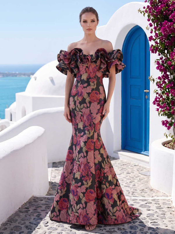 Floral jacquard satin mother of the bride dress front view with off-shoulder ruffle neckline, fitted bodice, mermaid silhouette, and floor length skirt