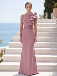 Dusty rose satin mother of the bride dress front view with one-shoulder lace bodice, bow accent, cascading ruffle, fitted waist, and floor length skirt