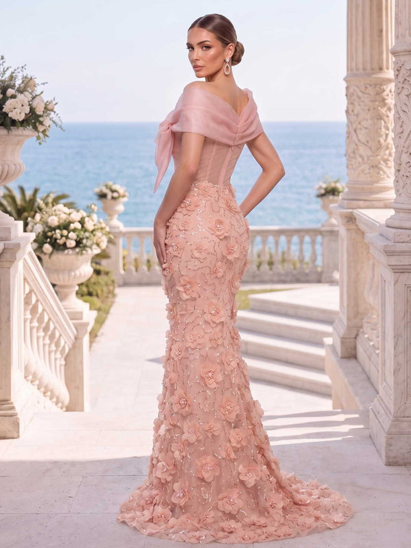 Tulle mother of the bride dress back view with off-shoulder draped wrap, concealed back zipper, 3D floral applique, fitted mermaid silhouette, and sweep train