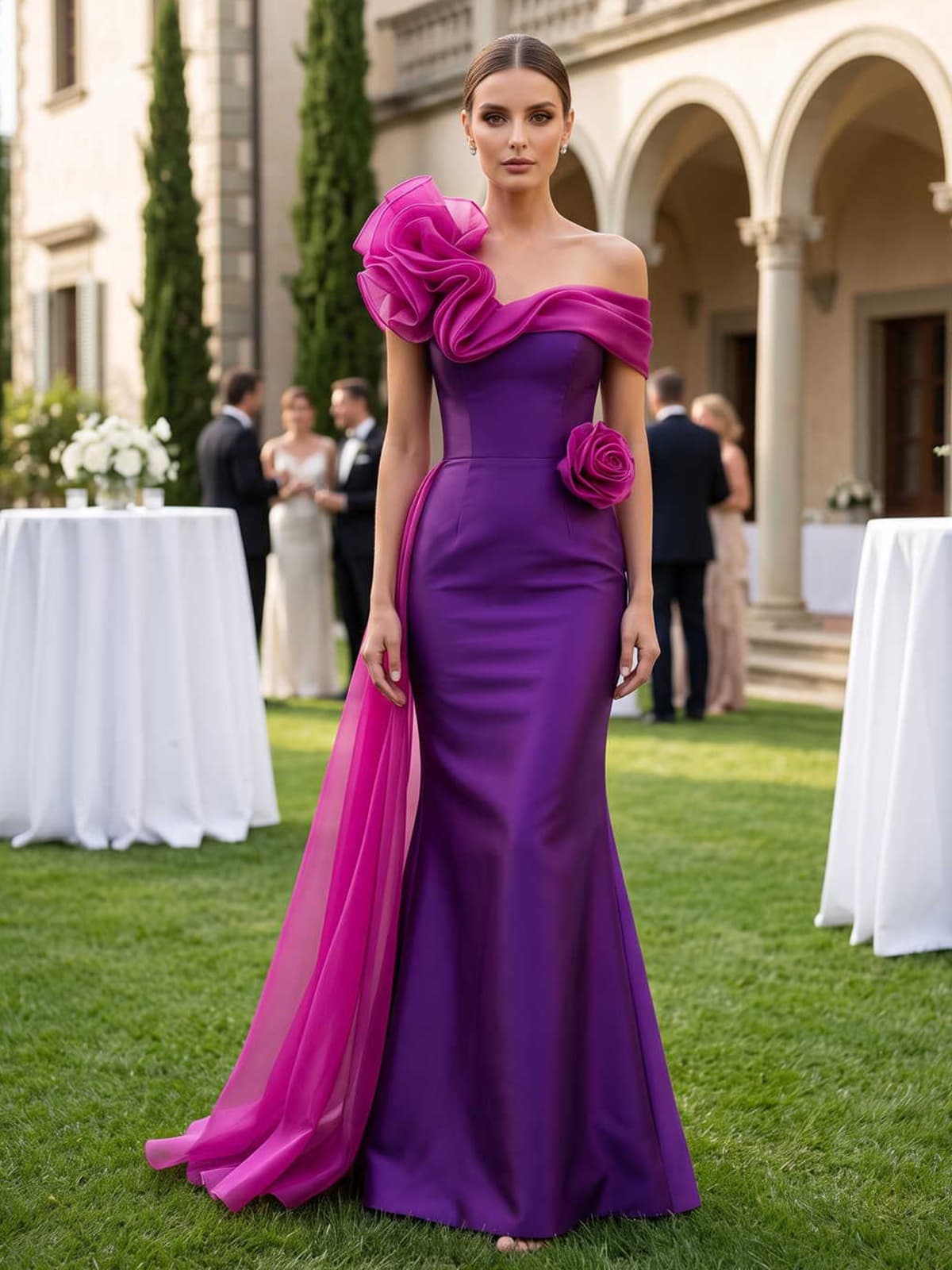 Satin mother of the bride dress front view with off-shoulder neckline, sculptural floral ruffle, waist flower accent, sheer side sash, fitted bodice, and floor length mermaid skirt
