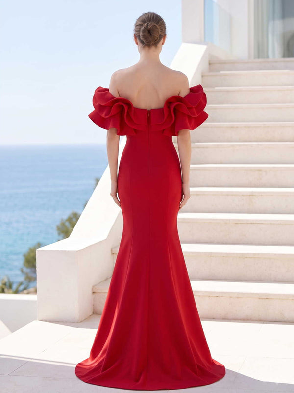 Satin mother of the bride dress back view with off-shoulder ruffle neckline, concealed back zipper, fitted mermaid silhouette, and extended back hem