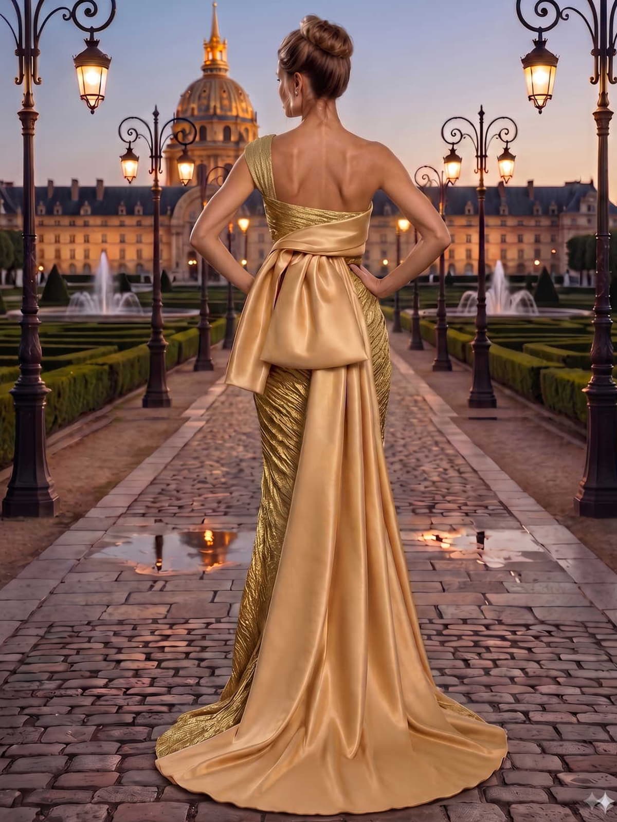 Jacquard satin mother of the bride dress back view with asymmetrical one-shoulder back, oversized bow detail, long satin train, concealed back zipper, and floor length fitted skirt