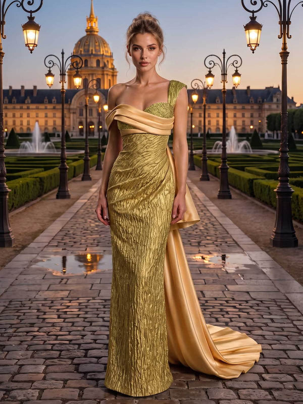 Jacquard satin mother of the bride dress front view with one-shoulder neckline, draped bodice band, fitted silhouette, side bow train detail, and floor length skirt