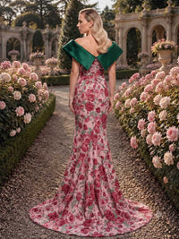 Floral jacquard satin mother of the bride dress back view with off-shoulder statement collar, concealed back zipper, fitted mermaid silhouette, rose pattern, and sweep train
