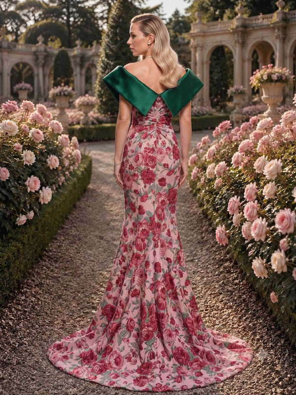 Floral jacquard satin mother of the bride dress back view with off-shoulder statement collar, concealed back zipper, fitted mermaid silhouette, rose pattern, and sweep train