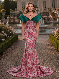 Floral jacquard satin mother of the bride dress front view with off-shoulder statement collar, fitted bodice, mermaid silhouette, rose pattern, and floor length sweep train