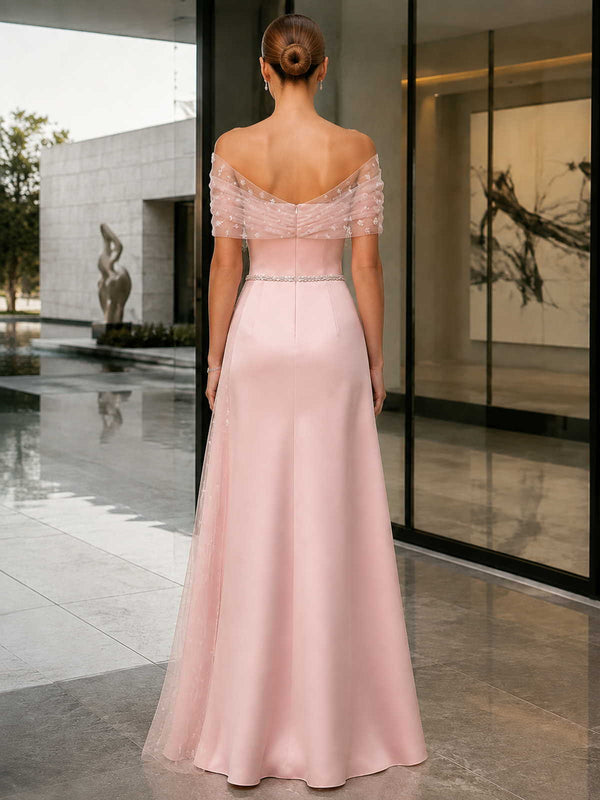 Faux Silk Tulle Off-Shoulder Floor Length Evening Dress with Beaded Waist (VET-MOM-0140)