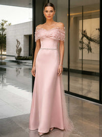 Faux Silk Tulle Off-Shoulder Floor Length Evening Dress with Beaded Waist (VET-MOM-0140)