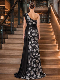 Floral jacquard satin mother of the bride dress back view with one-shoulder neckline, concealed back zipper, ruched waist, flowing side drape, and floor length skirt