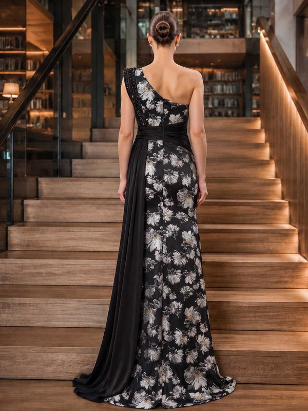 Floral jacquard satin mother of the bride dress back view with one-shoulder neckline, concealed back zipper, ruched waist, flowing side drape, and floor length skirt