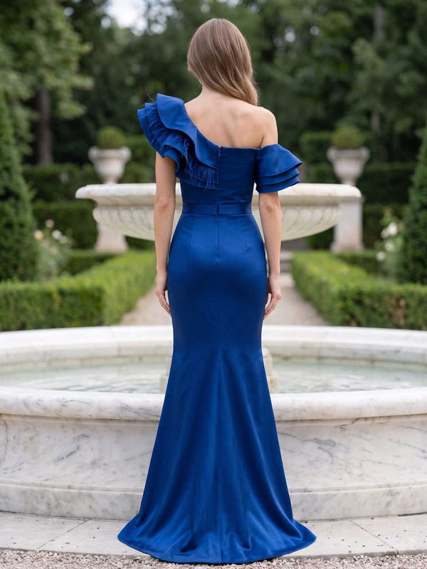 Satin mother of the bride dress back view with off-shoulder ruffle feather detail, concealed back zipper, fitted waist, royal blue color, and floor length mermaid skirt