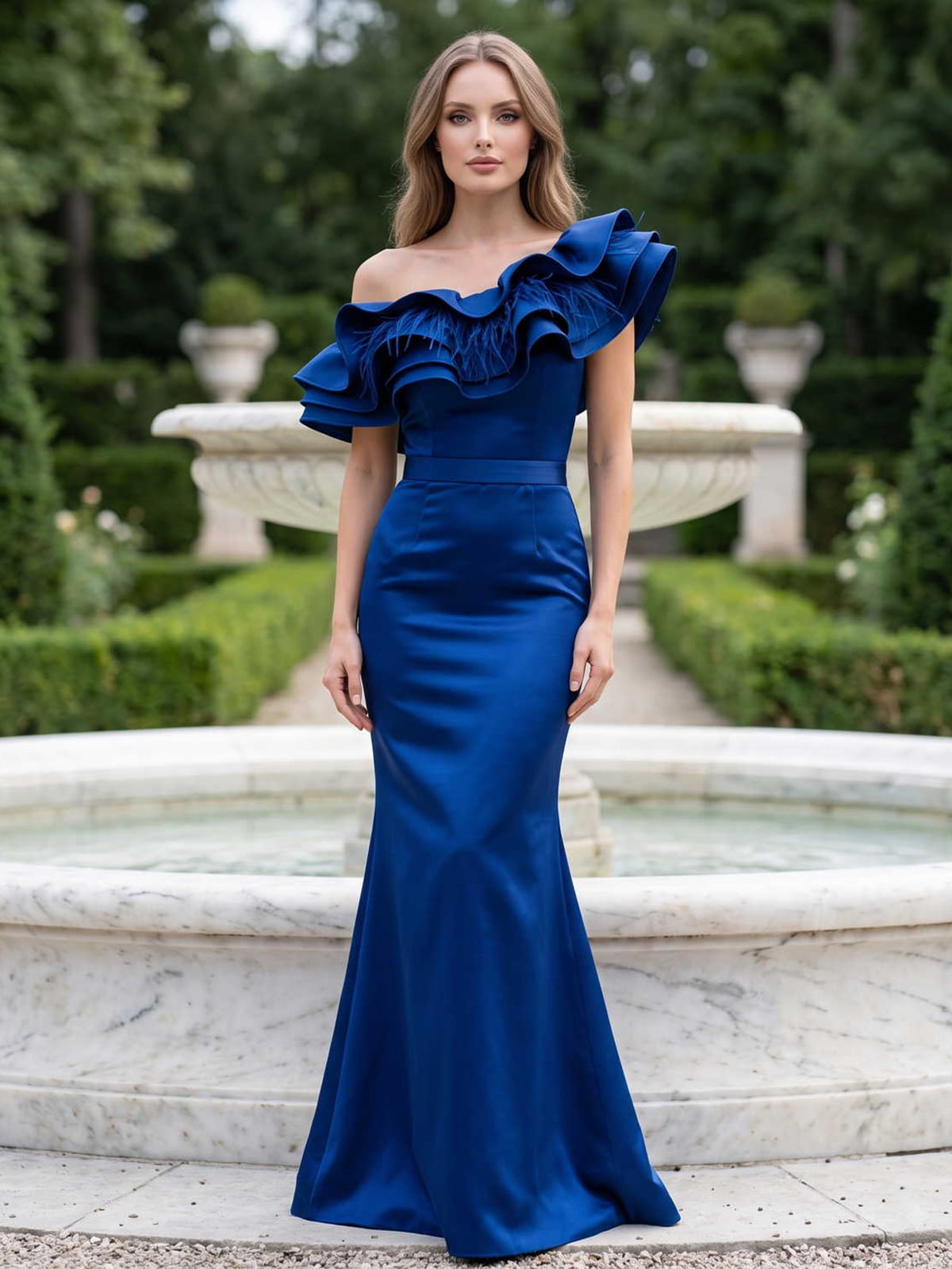 Satin mother of the bride dress front view with off-shoulder neckline, layered ruffle feather detail, fitted bodice, royal blue color, and floor length mermaid skirt