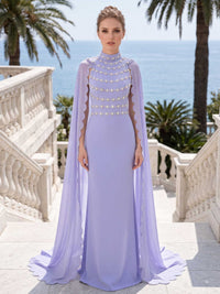 Lilac mother of the bride chiffon evening dress front view with beaded bodice, high neck, cape sleeves, and floor length sheath silhouette