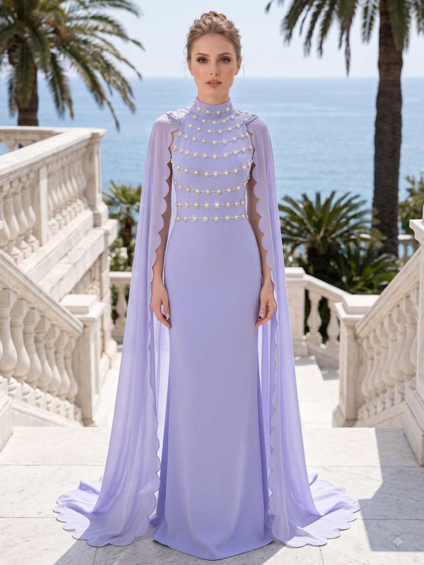 Lilac mother of the bride chiffon evening dress front view with beaded bodice, high neck, cape sleeves, and floor length sheath silhouette