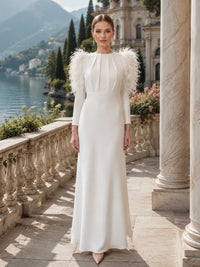Ivory white satin mother of the bride dress front view with high neckline, pleated bodice, feather shoulders, long sleeves, fitted waist, and floor length skirt